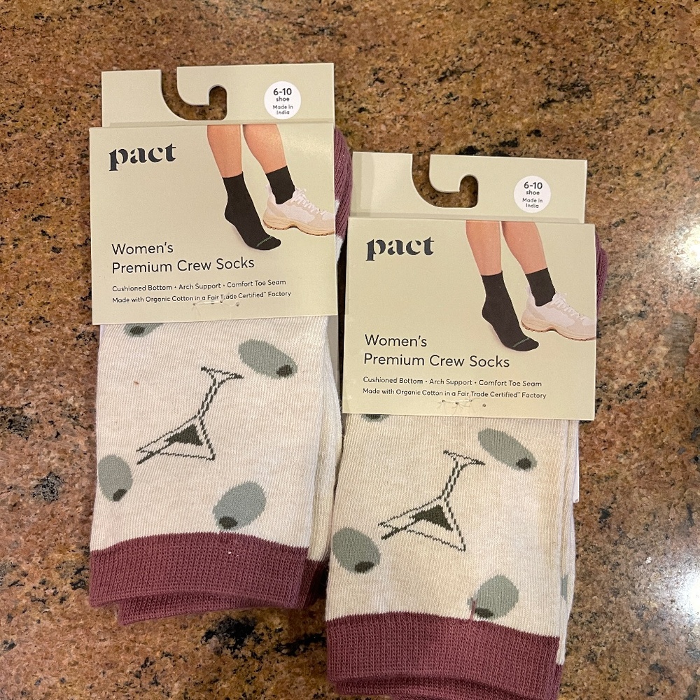 NEW! Pact Martini Happy Hour Premium Crew Socks Two Pair NWT!